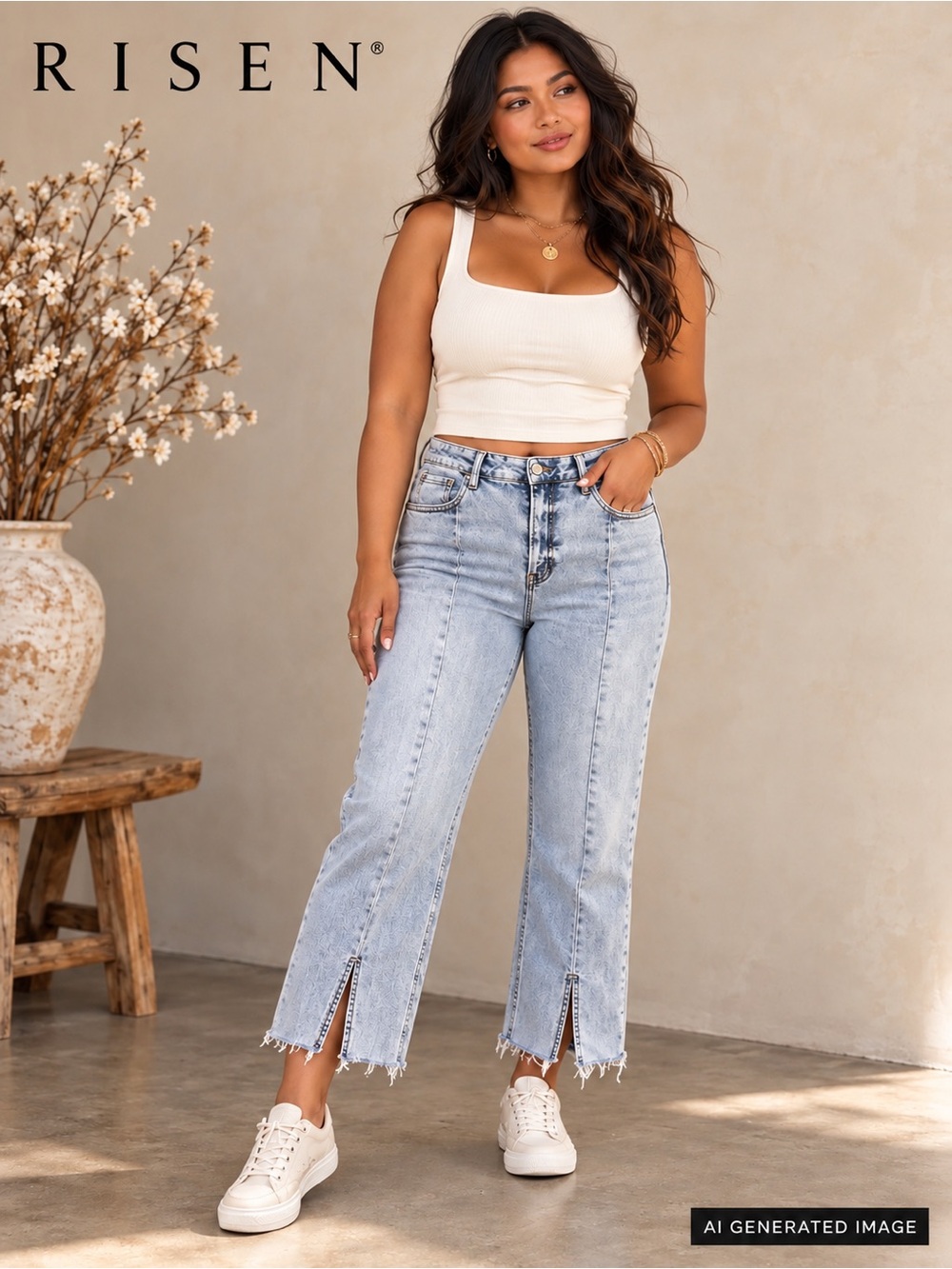 Risen Jeans High Rise Front Seam Slit Hem Cropped Jeans 13/31